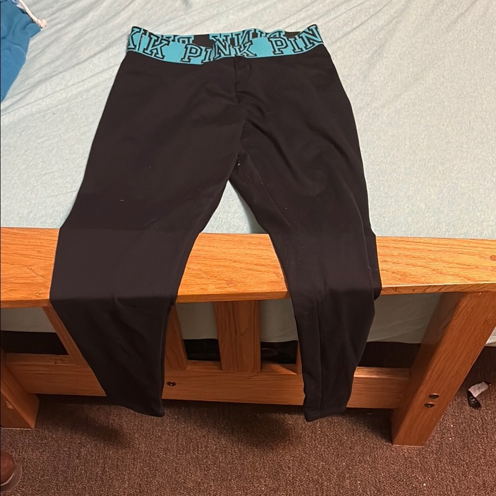 PINK Victoria's Secret Black Leggings with Blue Waistband